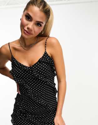 In The Style ruffle detail cami maxi dress in black spot print