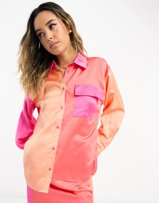 Color Block Button Down Shirt - Pink/Orange