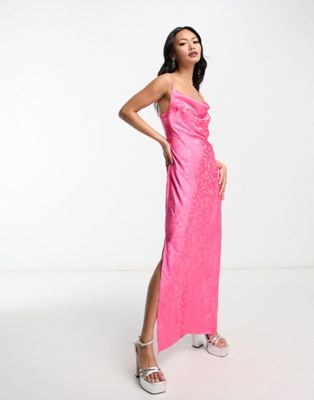 In The Style satin cowl front jacquard maxi dress with thigh split in pink - ASOS Price Checker