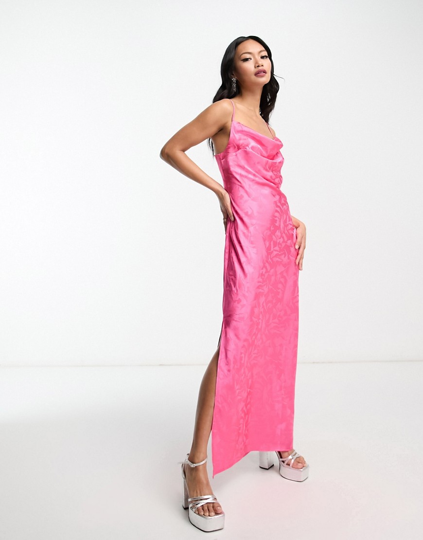 In The Style satin cowl front jacquard maxi dress with thigh split in pink