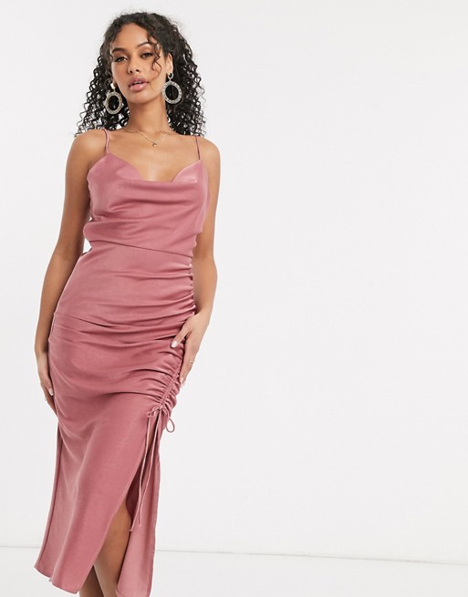In The Style satin cowl neck midi dress in pink