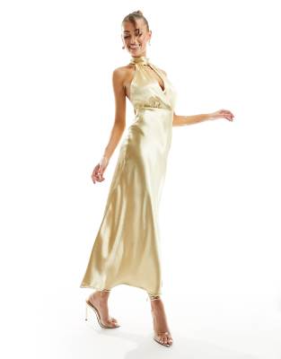 In The Style - Satin-Maxikleid in Gold mit Halsband und Schlüssellochdetail-Goldfarben