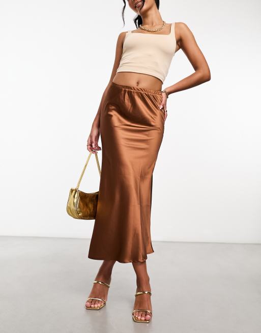 In The Style satin midi slip skirt in chocolate