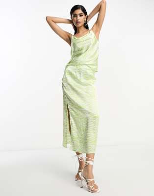 In The Style satin midi slip skirt in lime swirl print