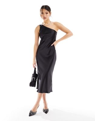 In The Style satin one shoulder midi dress in black