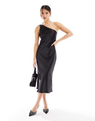 One Shoulder Satin A-line Long Dress With Ribbons Black