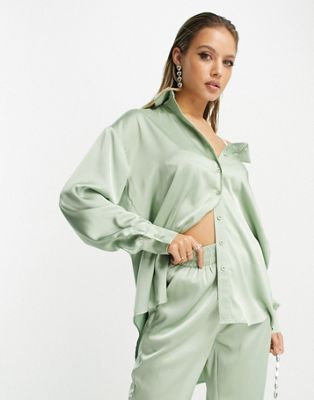 In The Style satin oversized shirt co-ord in sage - ASOS Price Checker