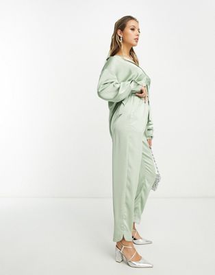 In The Style satin relaxed trouser co-ord in sage - ASOS Price Checker