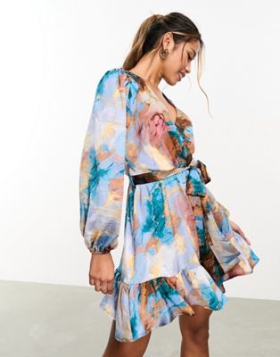 In The Style satin ruffle wrap mini dress in blue marble