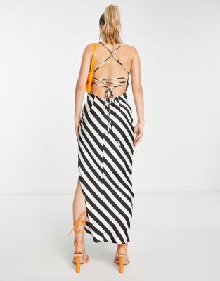 In The Style satin side split maxi dress with lace up back detail in  monochrome stripe