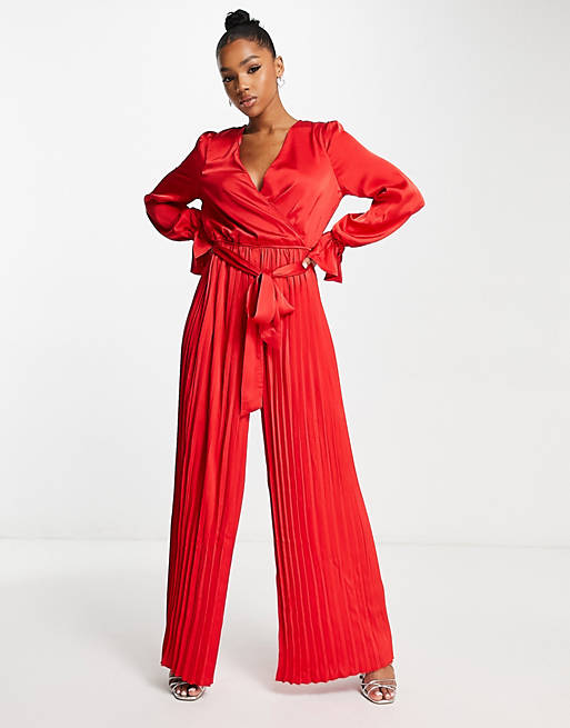 In The Style satin wrap detail pleated wide leg jumpsuit with belt in ...
