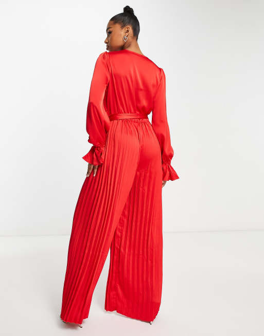 In The Style exclusive satin wrap detail pleated wide leg jumpsuit