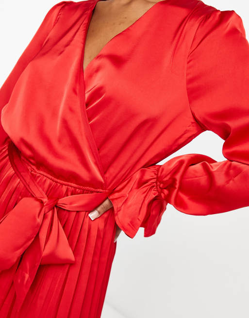 In The Style satin wrap detail pleated wide leg jumpsuit with belt