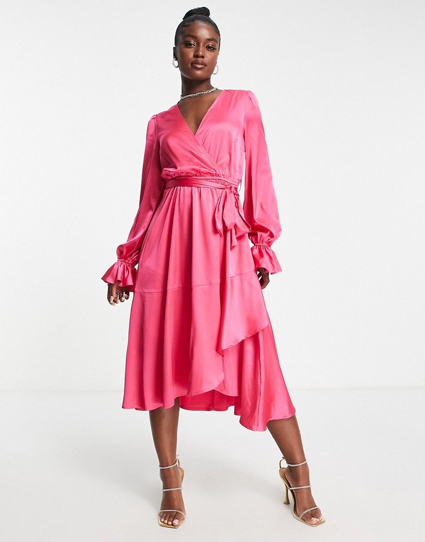 satin wrap detail volume sleeve midi dress with asymmetric ruffle hem in pink