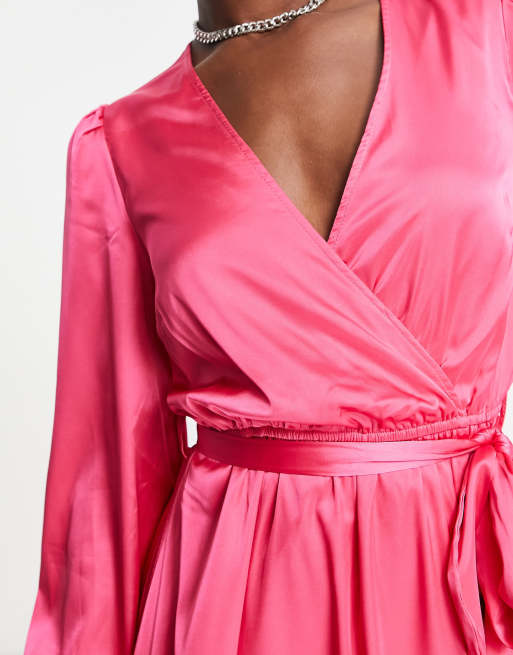 In The Style satin wrap detail volume sleeve midi dress with asymmetric  ruffle hem in pink