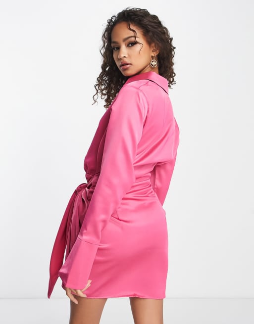 In The Style satin wrap front shirt dress in pink