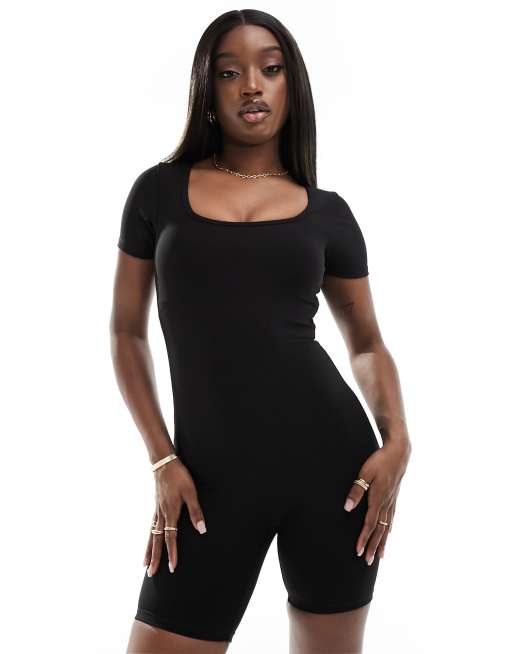 Women's Black Strappy Scoop Neck Unitard, Auriella