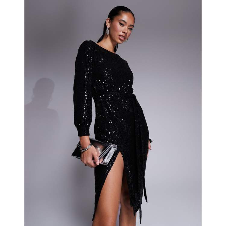 Long Sleeve Black Sequin Midi Dress Black Sequin Long Sleeve Midi - Main Image