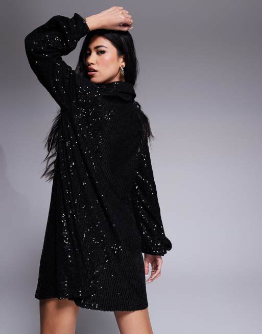 In The Style Sequin oversized shirt dress in black