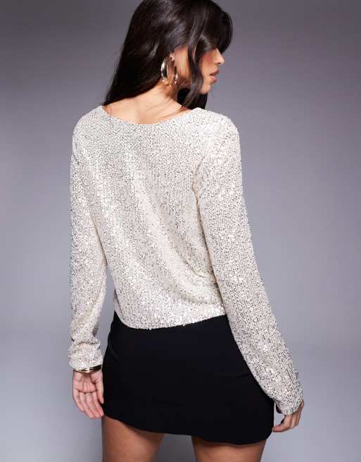 In The Style sequin top with contrast bow detail in cream