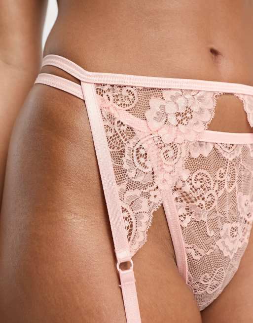 In The Style - Set intimo con reggiseno, perizoma e reggicalze in pizzo rosa, 4 di 4