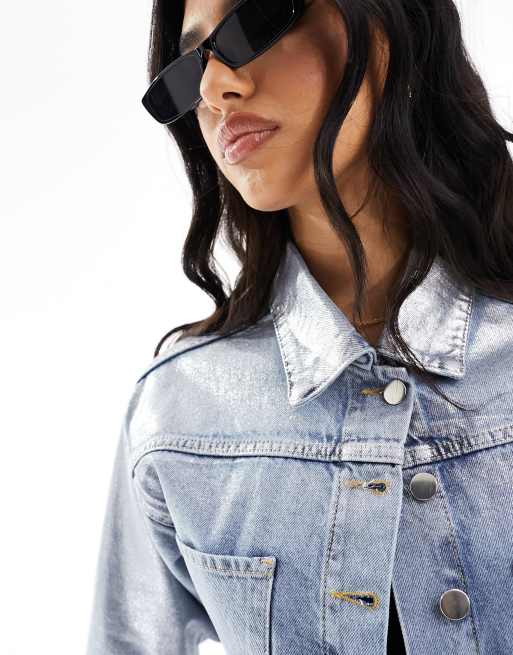 In The Style silver foil detail cropped denim jacket in light blue, 2 of 4