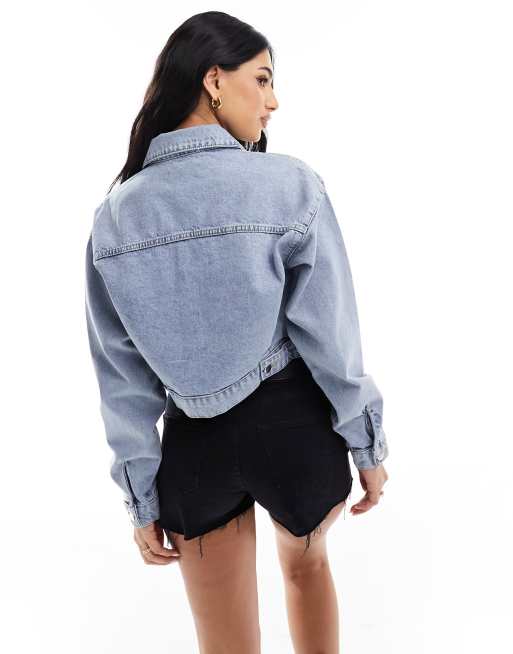 In The Style silver foil detail cropped denim jacket in light blue, 4 of 4