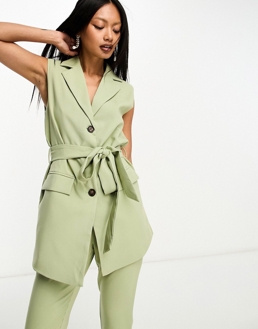 In The Style sleeveless tie waist blazer co-ord in sage-Green
