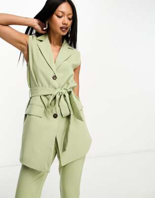 In The Style sleeveless tie waist blazer co-ord in sage - ASOS Price Checker