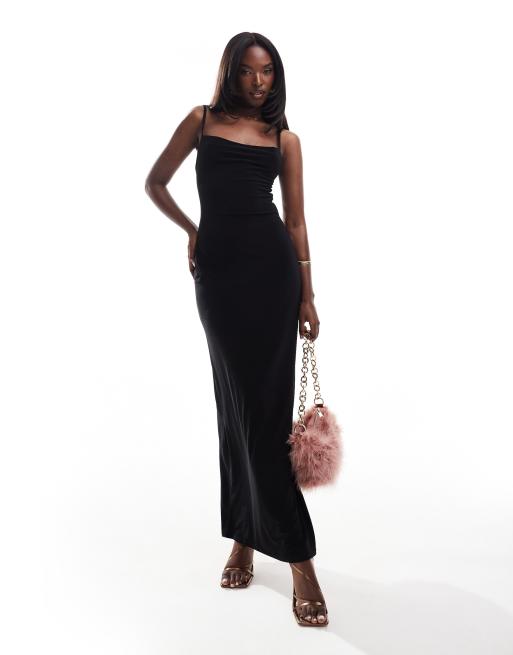 In The Style slinky cowl neck cami maxi dress in black