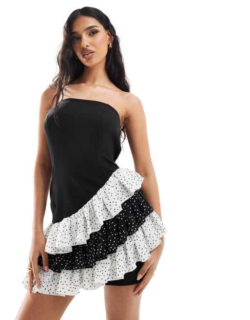 In The Style - Sort bandeau-kjole med asymmetriske kanter med kontrasterende polkaprikker - Kun hos ASOS