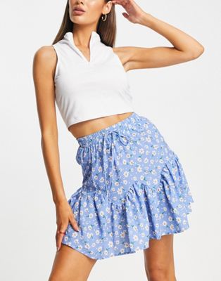 In The Style Stacey Solomon daisy print godet hem mini skirt in blue