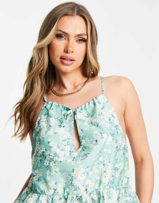 In The Style Stacey Solomon ditsy floral tie front pephem top in sage, 4 of 4