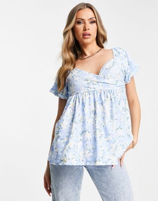 In The Style Stacey Solomon floral milkmaid wrap front top in blue