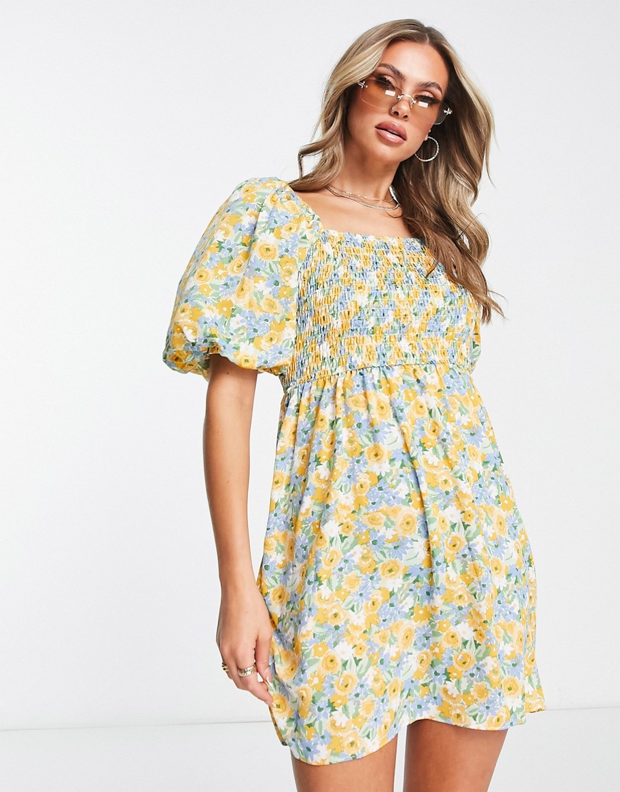 In The Style Stacey Solomon floral print shirred bodice puff sleeve dress in blue