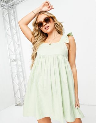 In The Style Stacey Solomon linen frill shoulder smock dress in sage