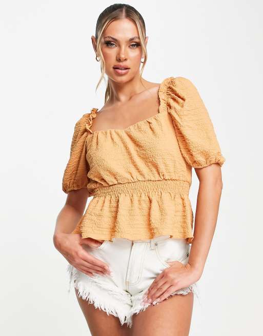 In The Style – Stacey Solomon – Pomarańczowy top z baskinką, kwadratowym dekoltem i bufkami