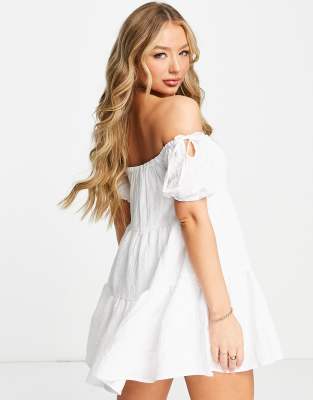 In The Style - Stacey Solomon - Robe à encolure Bardot et volants étagés - Blanc 