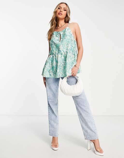 In The Style - Stacey Solomon - Top peplo color salvia a fiorellini con allacciatura sul davanti