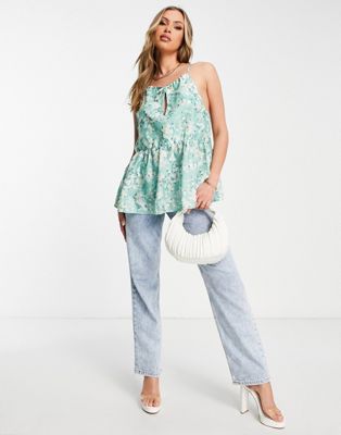 In The Style Stacey Solomon ditsy floral tie front pephem top in sage - ASOS Price Checker