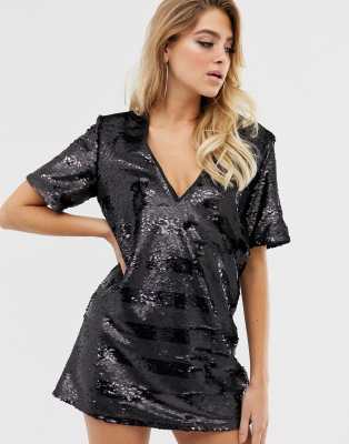 In The Style stripe sequin t-shirt dress-Black