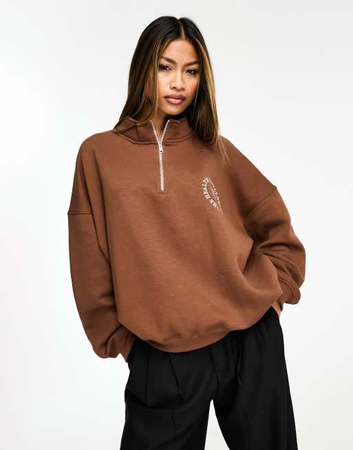 In The Style - Sweat oversize à col zippé - Chocolat