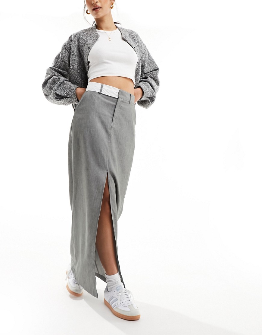 In The Style tailored contrast waistband split front maxi skirt in grey