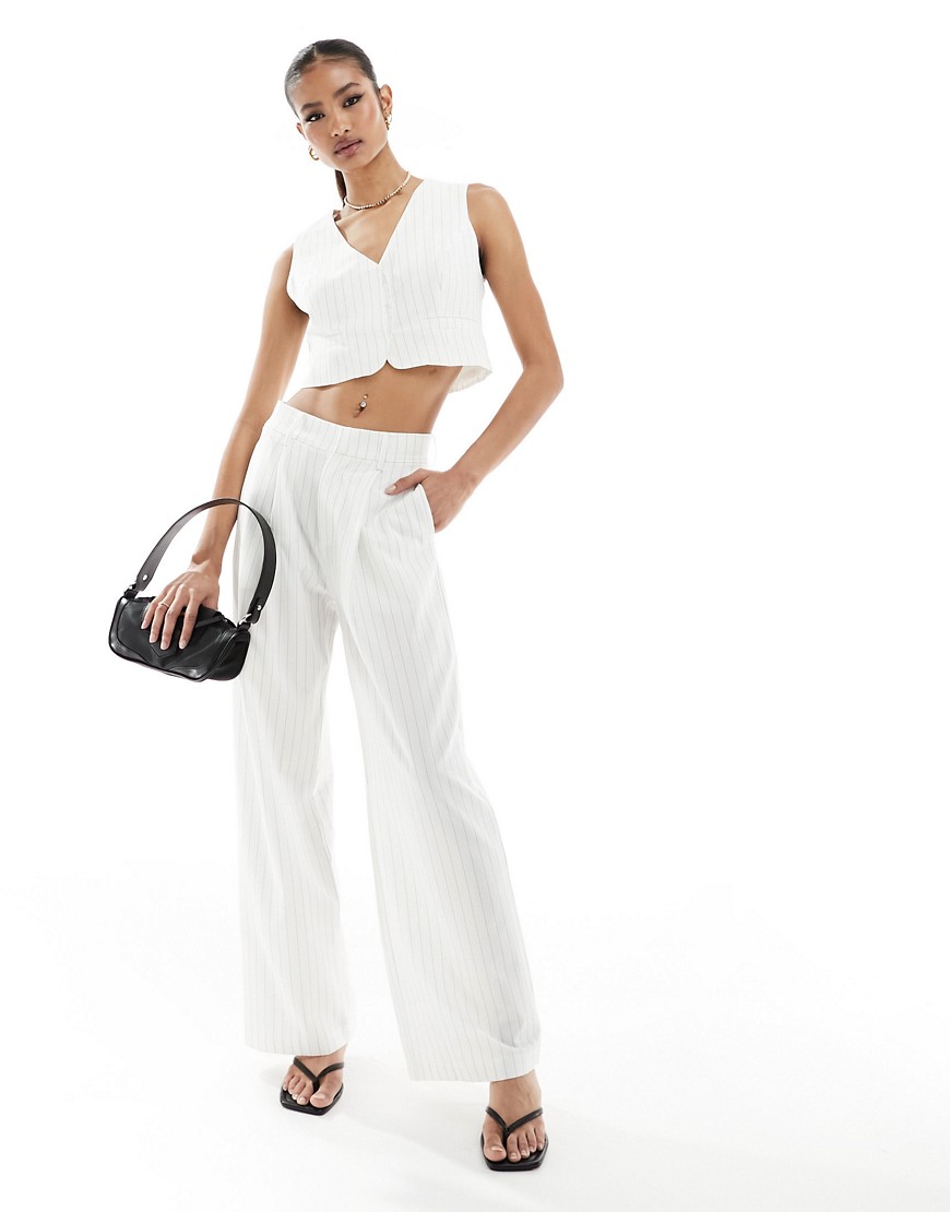 In The Style tailored wide leg trousers co-ord in cream pinstripe-White