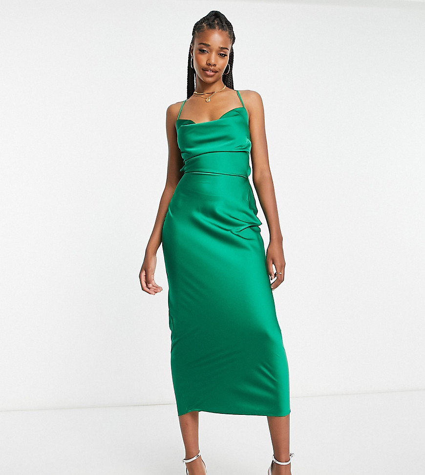 In The Style Tall exclusive satin cowl front midi dress in emerald green