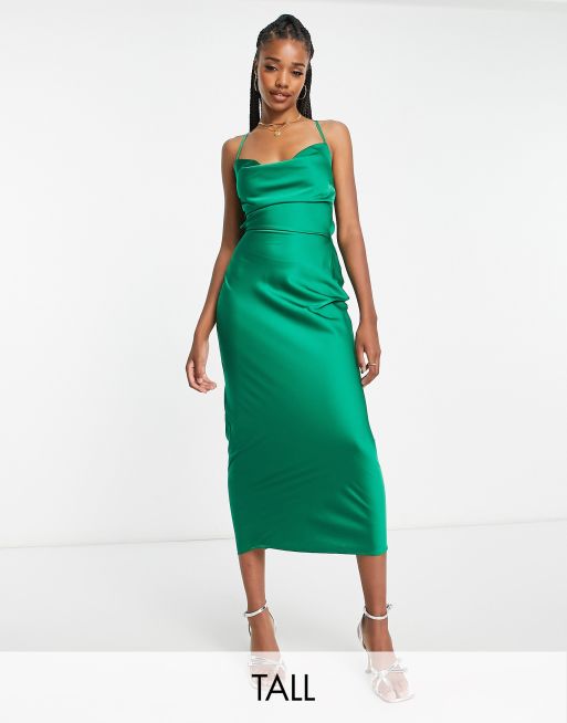 Cowl front satin store midi dress