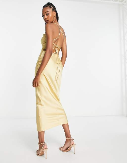 Cowl front store satin midi dress