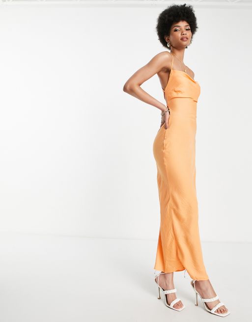 In The Style Exclusive satin cowl neck midi dress in orange