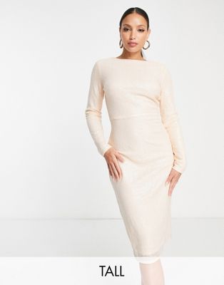 In The Style Tall exclusive sequin long sleeve midi dress in champagne-Neutral