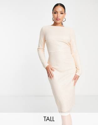 In The Style Tall exclusive sequin long sleeve midi dress in champagne-neutral